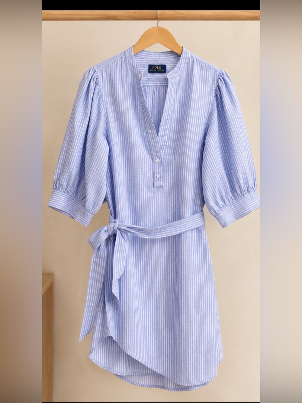 Polo by Ralph Lauren blue while linen Dress with Puff Sleeves size 6